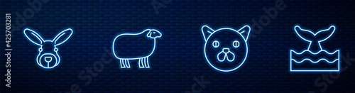 Set line Cat, Rabbit head, Sheep and Whale tail in ocean wave. Glowing neon icon on brick wall. Vector