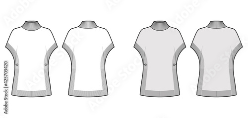 Poncho Sweater technical fashion illustration with rib turtleneck, short batwing sleeves, oversized, hip length, knit trim. Flat apparel front, back, white grey color style. Women, unisex CAD mockup
