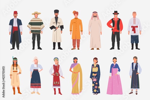 Different people nationalities in ethnic clothes set. Mexican in poncho hindu in turban male and female avatar characters in japanese kimono arab white toga indian girl. International vector.