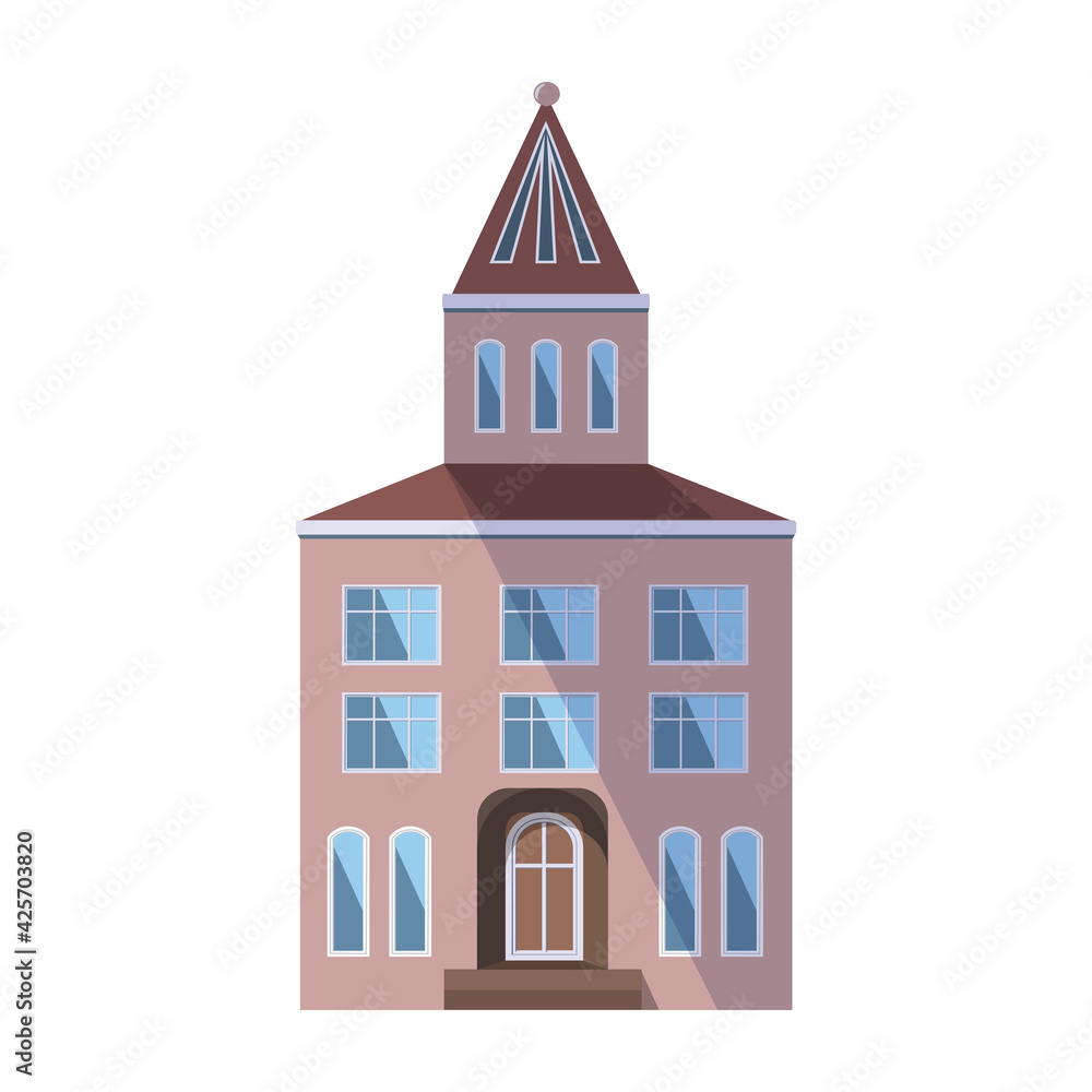 European pink old house in the traditional Dutch town style with a double gable roof, turret, narrow windows and front door. Vector illustration in the flat style isolated on a white background.