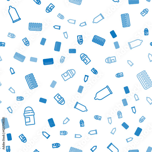 Set line Antiperspirant deodorant roll, Condom and Hairbrush on seamless pattern. Vector