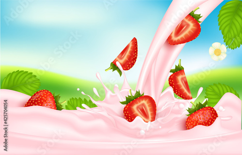 Strawberry sweet pink milk with berries and splashes realistic, Fruit and yogurt. vector 3d illustration.