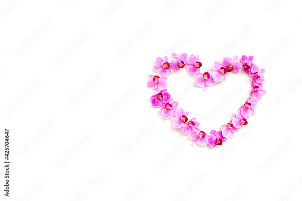 Orchid flowers on a white background in the shape of a heart. The flowers are purple in color.