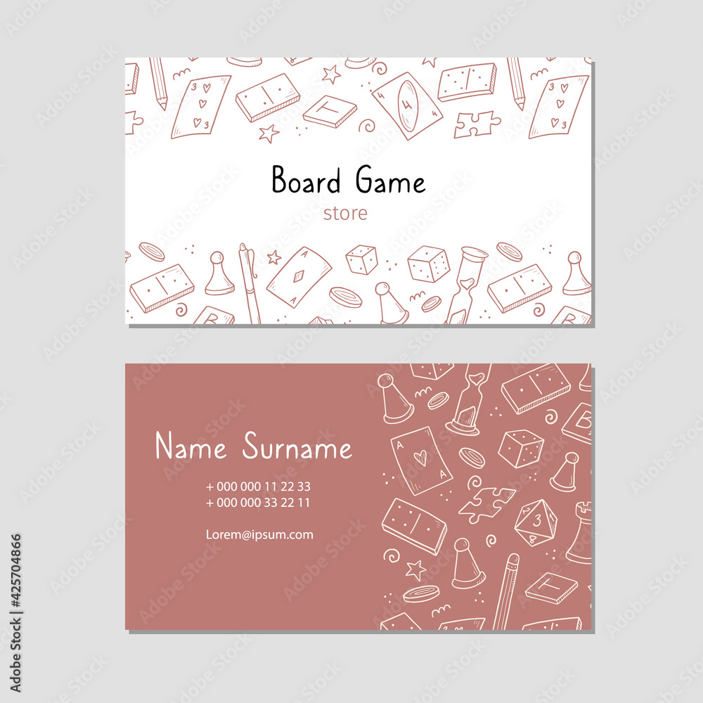Visit card with board game element, cards, chess, hourglass, chips, dice, dominoes. Doodle sketch style. Illustration for board game shop, store, game competition business card design template.