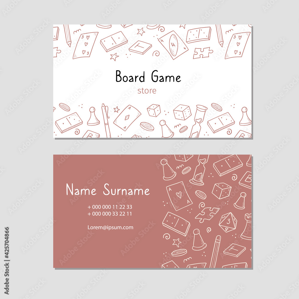 Visit card with board game element, cards, chess, hourglass, chips, dice, dominoes. Doodle sketch style. Illustration for board game shop, store, game competition business card design template. Visit card with board game element, cards, chess, hourglass, chips, dice, dominoes. Doodle sketch style. Illustration for board game shop, store, game competition business card design template.
