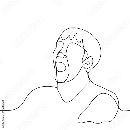 portrait of a man with an open mouth and not covered by his hand - one line drawing. wide open mouth yawning concept