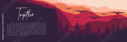 mountain sunset flat design vector banner template good for web banner, ads banner, tourism banner, wallpaper, background template, and adventure design backdrop