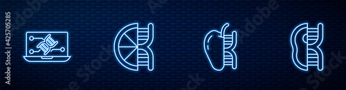 Set line Genetically modified apple, engineering modification, orange and meat. Glowing neon icon on brick wall. Vector