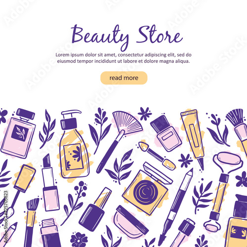 Hand drawn template with makeup beauty cosmetic elements, mascara, cream bottle, skin brush. Doodle sketch style. Illustration for makeup, beauty salon, cosmetic store banner, frame, poster design.