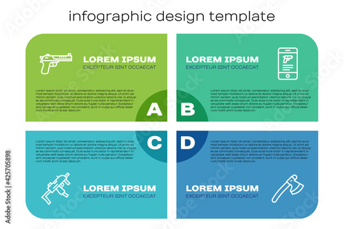 Set line MP9I submachine gun, Desert eagle, Wooden axe and Shop weapon mobile app. Business infographic template. Vector photo