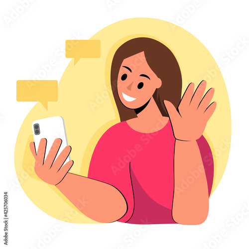 The young woman saying hello. The girl communicates online using a mobile phone. Remote communication concept: online meeting, dating, call and video. Cartoon vector illustration in flat style.