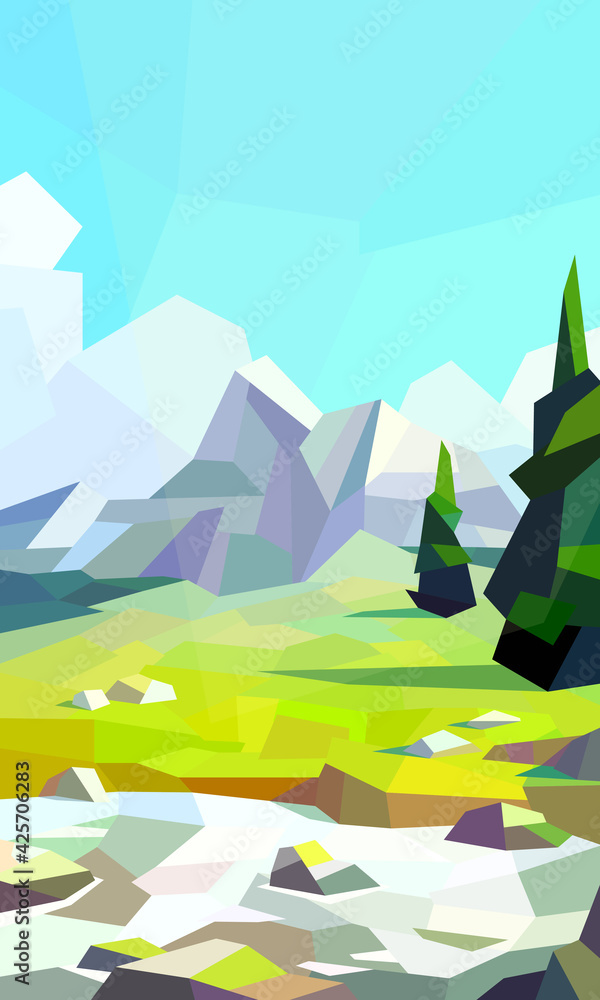 Low poly river landscape. River bank, spruce, mountain, rock. Vector illustration