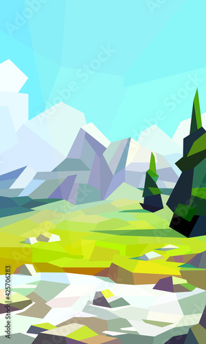 Low poly river landscape. River bank, spruce, mountain, rock. Vector illustration