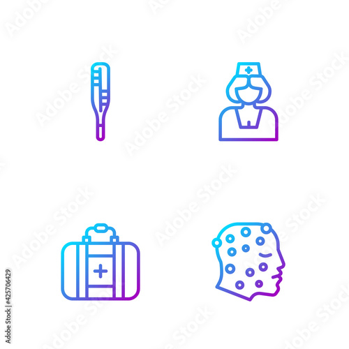 Set line Psoriasis or eczema rash, First aid kit, Medical thermometer and Nurse. Gradient color icons. Vector