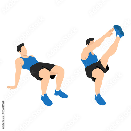 Man doing crab toe touches exercise flat vector illustration isolated on white background