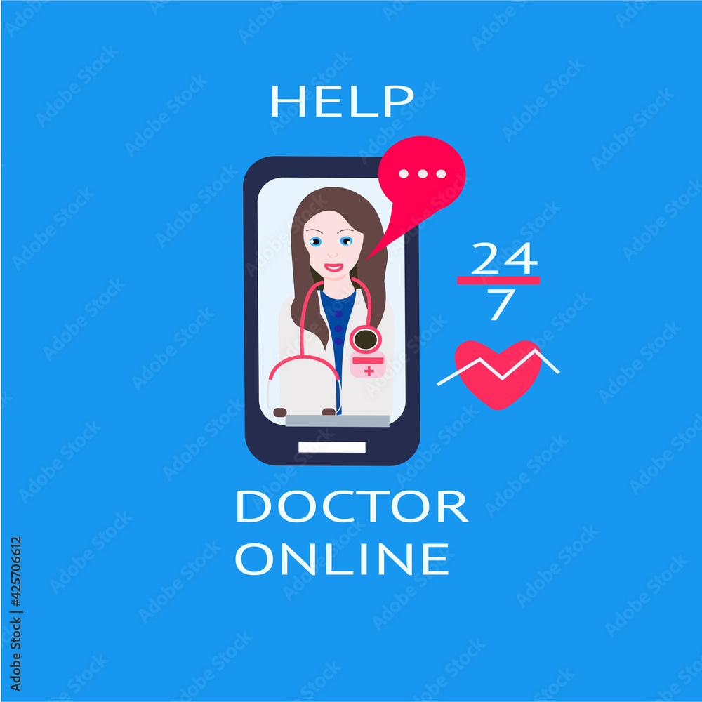 Doctor working online on computer. Flat style vector illustration. icon allday help