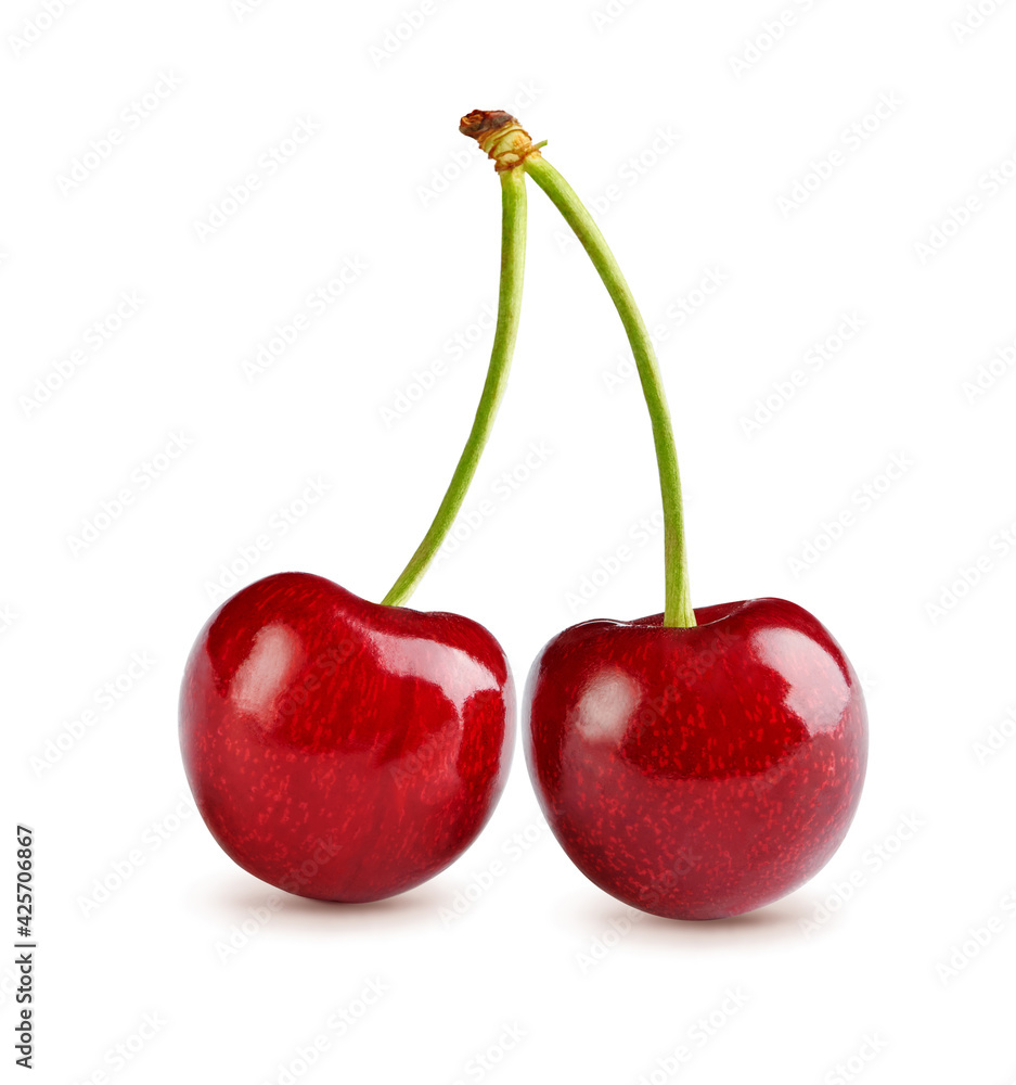 Two cherries with cherry leaf isolated on white. Two cherries with cherry leaf isolated on white.