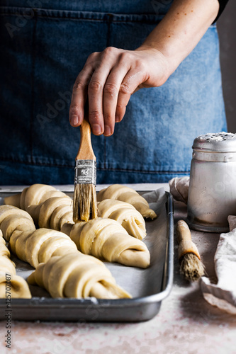 Billede på lærred Croissant baking preparation food photography