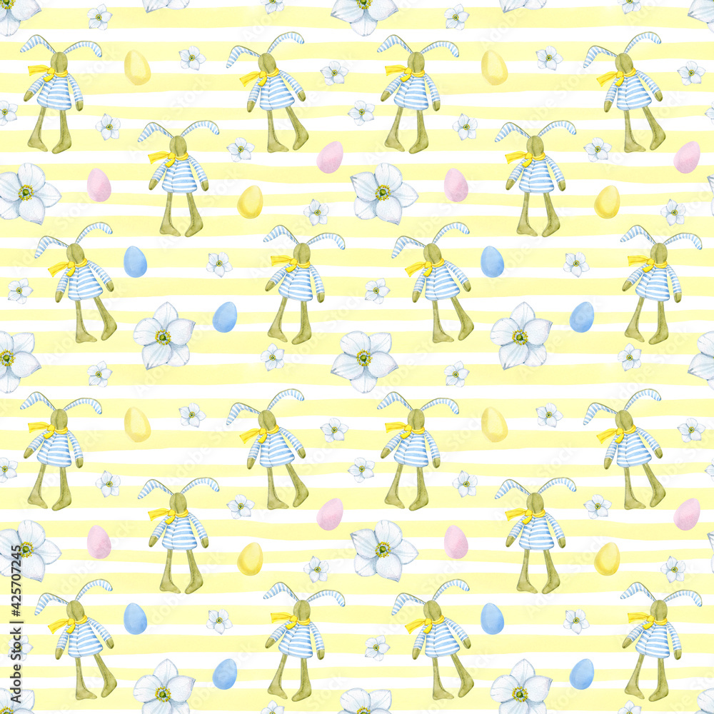 Watercolor seamless pattern with Easter bunny. Hand drawn rabbit, eggs, flowers.