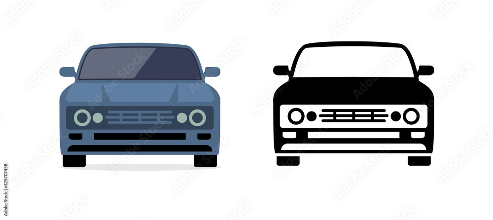 Car front view vector flat icon. Car parking cartoon front design shape black icon