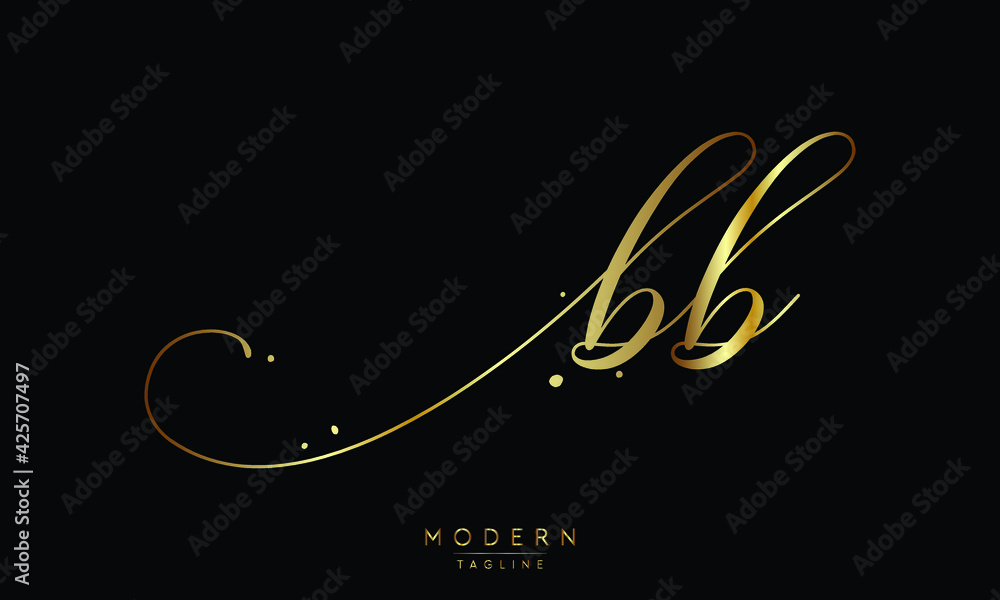 Handwritten BB letter logo with sparkling lines and golden glitter. - obrazy, fototapety, plakaty 