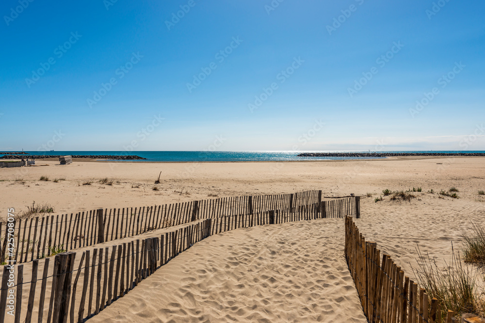 Fototapeta premium Beach of the fountain on the Mediterranean, in winter, in Sète, in Herault, Occitanie, France