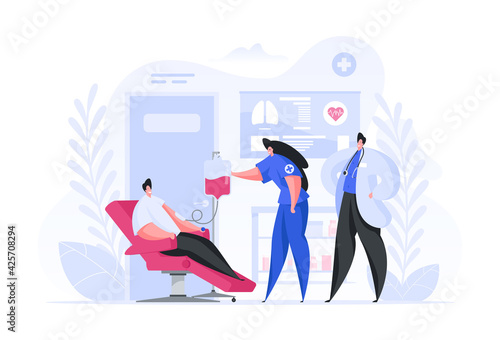Vector image of flat style nurse helping patient with blood transfusion sitting in armchair with doctor standing nearby on white background