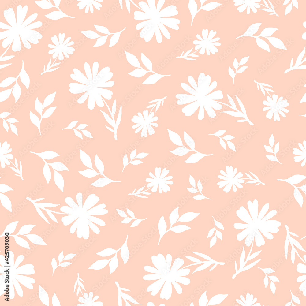 Fototapeta premium A pattern with hand-drawn white plants and flowers