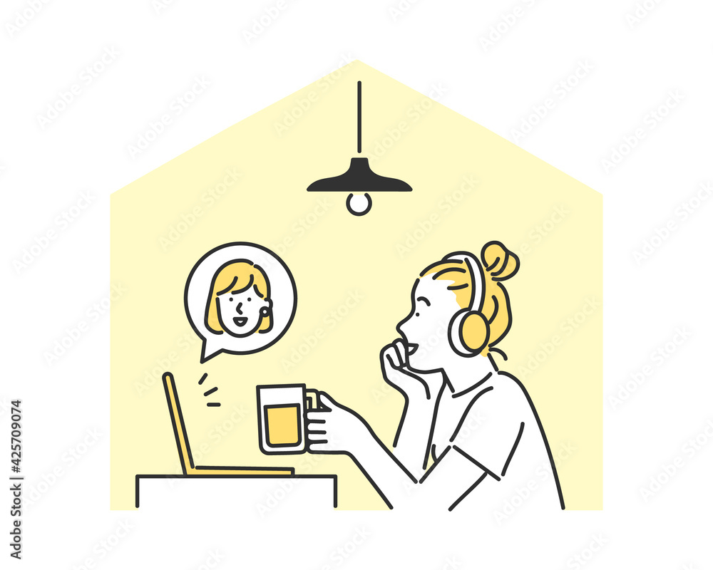 友人とオンライン飲み会をしている女性のイメージイラスト素材 Stock Vektorgrafik Adobe Stock