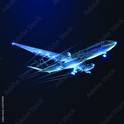 Digital 3d airplane. Abstract vector wireframe of airliner in the blue background. Travel, tourism, business, transportation concept. Low poly dark blue mesh with dots, lines and glowing stars
