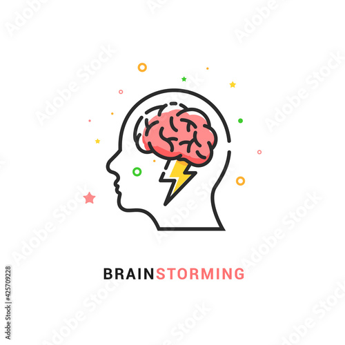 Brainstorm vector icon idea. Brain storm lighting power creative concept, mind illustration