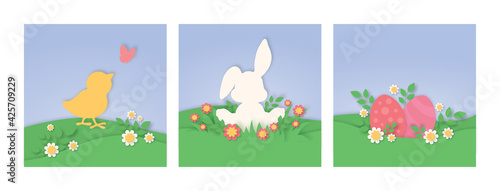 Easter spring holidays cute papercut card set, easter egg hunt on meadow, baby chicken chasing butterfly, easter bunny among daisies, happy easter cut out illustrations