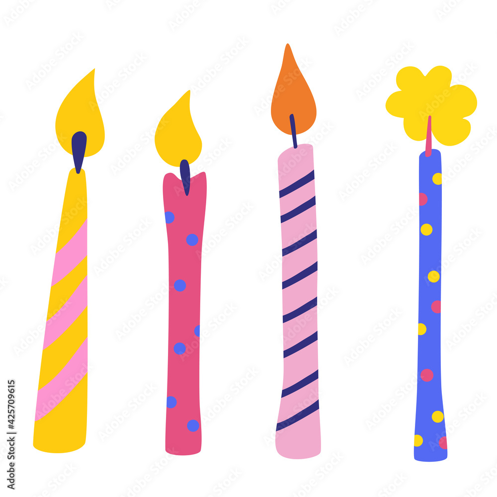 Birthday candles vector set. Accessory for festive feast. Multicolor burning candles with lines and dots ornament. Celebration, greeting postcard backdrop. Cartoon vector illustration. Birthday candles vector set. Accessory for festive feast. Multicolor burning candles with lines and dots ornament. Celebration, greeting postcard backdrop. Cartoon vector illustration.