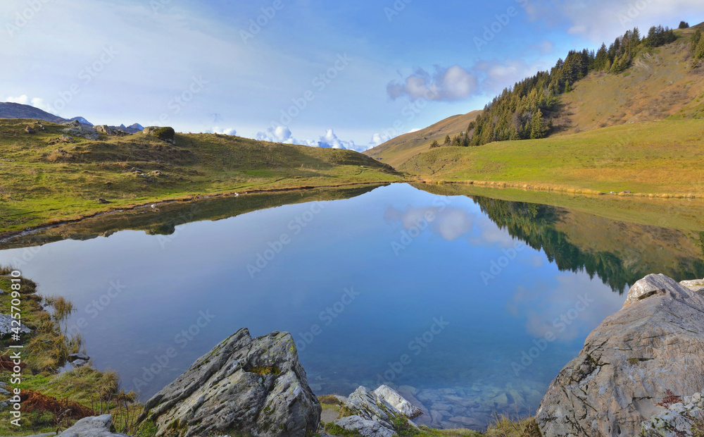 reflection of the sky on the water of an alpine mountain lake