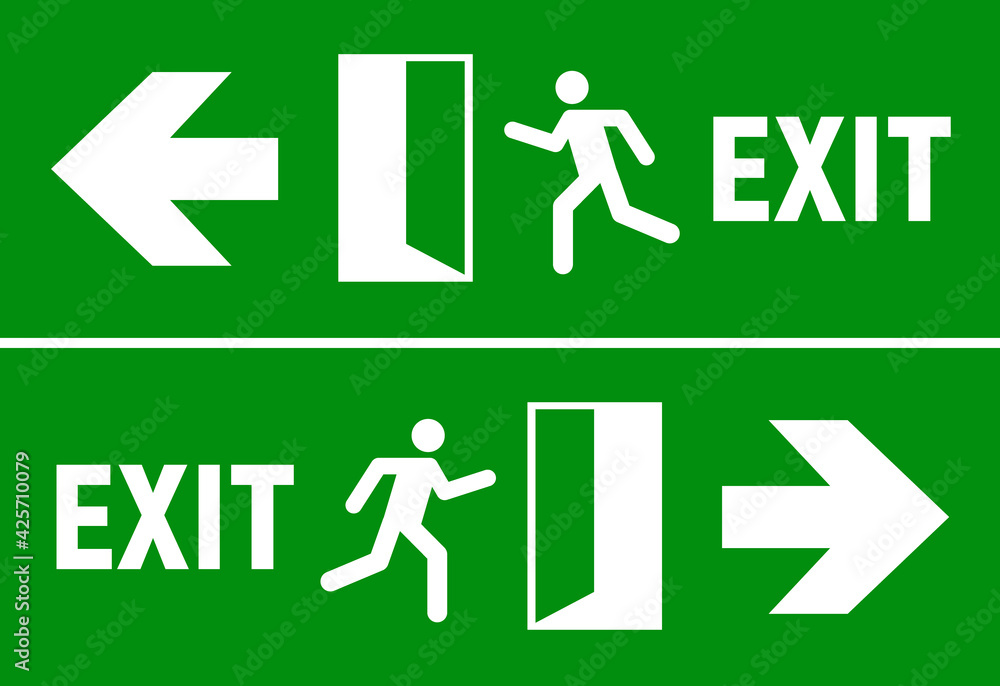 Emergency fire exit sign. Evacuation fire escape door vector sign pictogram arrow exit route Emergency fire exit sign. Evacuation fire escape door vector sign pictogram arrow exit route