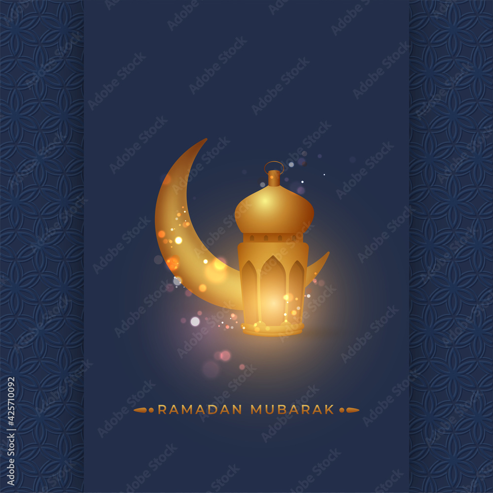 Golden Crescent Moon With Lit Lantern And Bokeh Effect On Blue Islamic ...