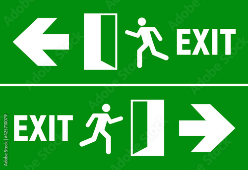 Emergency fire exit sign. Evacuation fire escape door vector sign pictogram arrow exit route