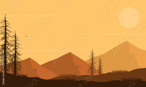 Beautiful Mountain views from the outskirts of the city at dusk in the evening. Vector illustration