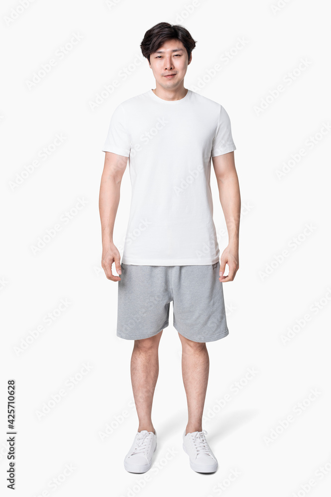 Man in white t-shirt and gray shorts full body Man in white t-shirt and gray shorts full body