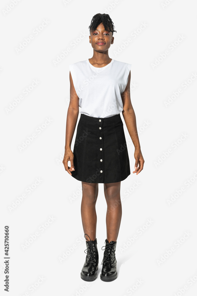 Fototapeta premium White women&rsquo;s t-shirt with design space and a-line skirt casual fashion full body