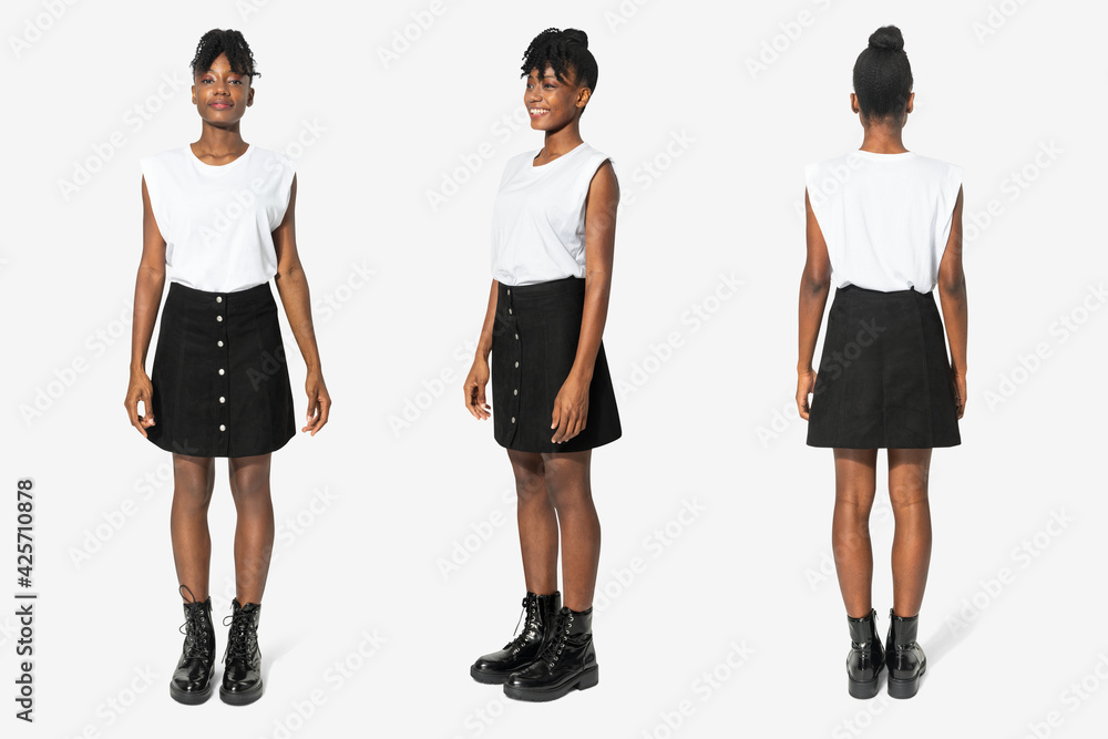 White women’s t-shirt and a-line skirt casual fashion set White women’s t-shirt and a-line skirt casual fashion set