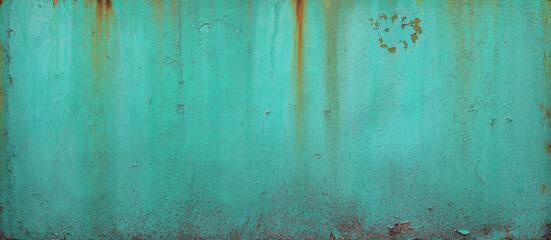 turquoise blue wall or surface of a fence of metal, with orange grooves from rust - weathered texture for the background of a steampunk wallpaper