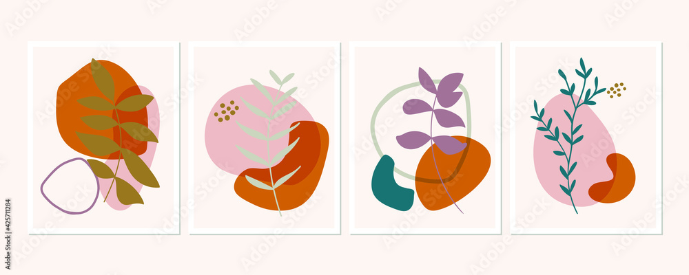 Obraz premium Botanical wall art posters collection. Set of simple leaves branches drawings with abstract shapes in pastel colors. Artistic wildlife nature art. Minimalist modern background.