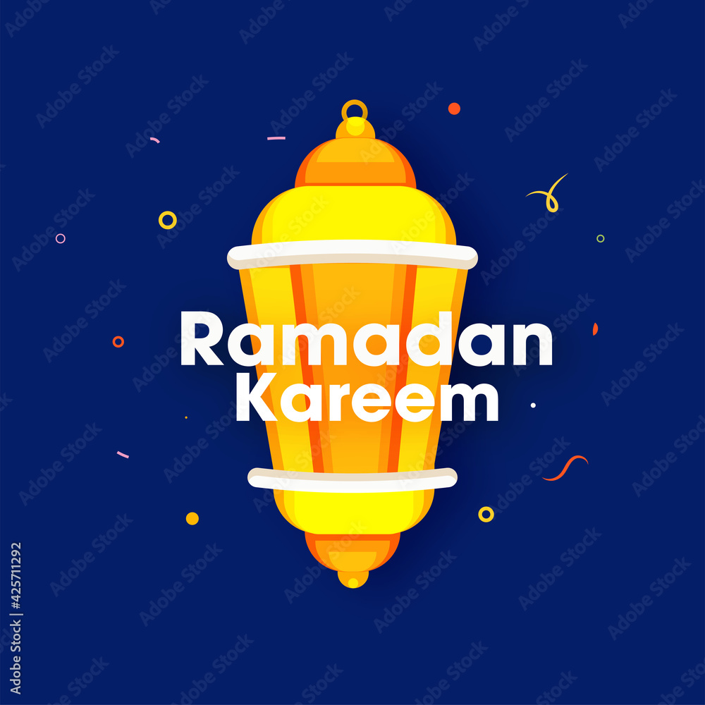 Ramadan Kareem Text With Lantern Illustration On Blue Background. Ramadan Kareem Text With Lantern Illustration On Blue Background.