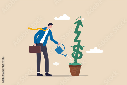 Investment growth or business grow up, make profit in stock market or earning growth concept, success businessman investor watering small plant with US dollar sign rising up graph.