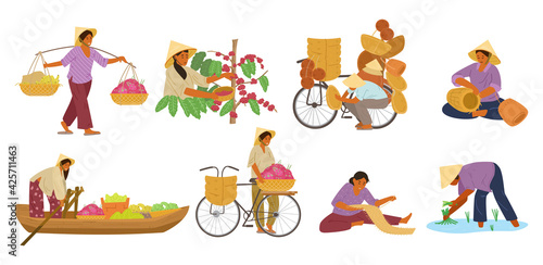 Vector Set Of Asian Women In Conical Straw Hats Working. Carrying Yoke, Harvesting Coffee Beans, Weaving Baskets And Mat, Selling Fruits From a Boat and From Bike, Working On Rice Field. © Александра Гвардейце