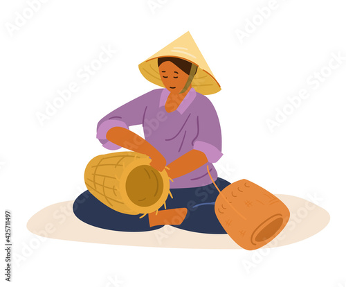 Asian Woman In Traditional Vietnamese Conical Straw Hat Weaving Whicker Basket. Flat Vector Illustration.