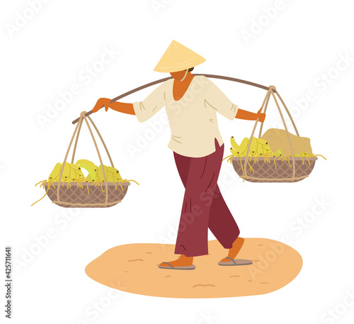 Asian Woman In Traditional Vietnamese Conical Hat Carrying Yoke With Whicker Baskets With Bananas. Isolated On White. Vector Illustration.