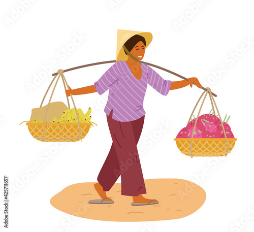 Asian Woman In Traditional Vietnamese Conical Hat Carrying Yoke With Whicker Baskets With Bananas And Dragon Fruits. Isolated On White. Vector Illustration.