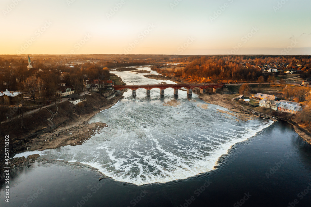 Aerial view of the Venta Rapid waterfall, the widest waterfall in Europe, Kuldiga, Latvia